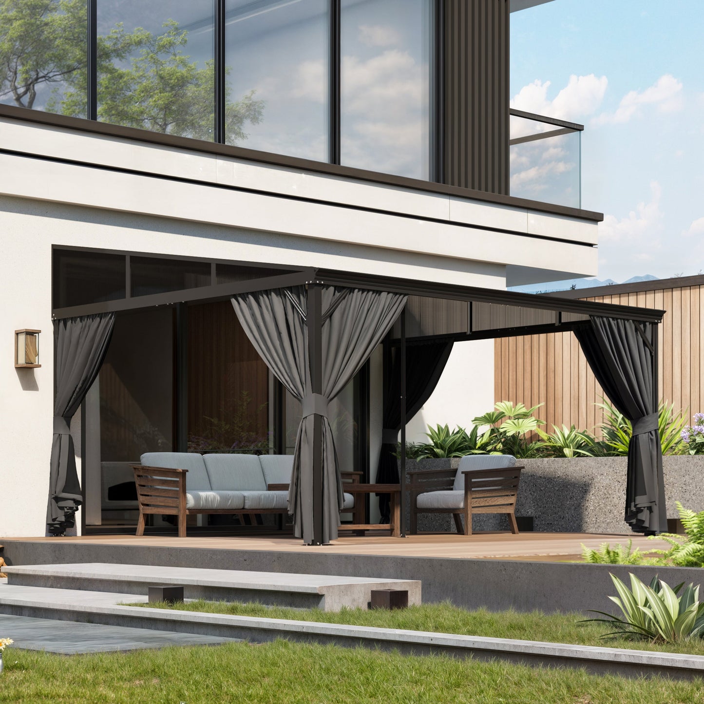 165.7 inch Modern Black Patio Gazebo with Curtains and Mosquito Net