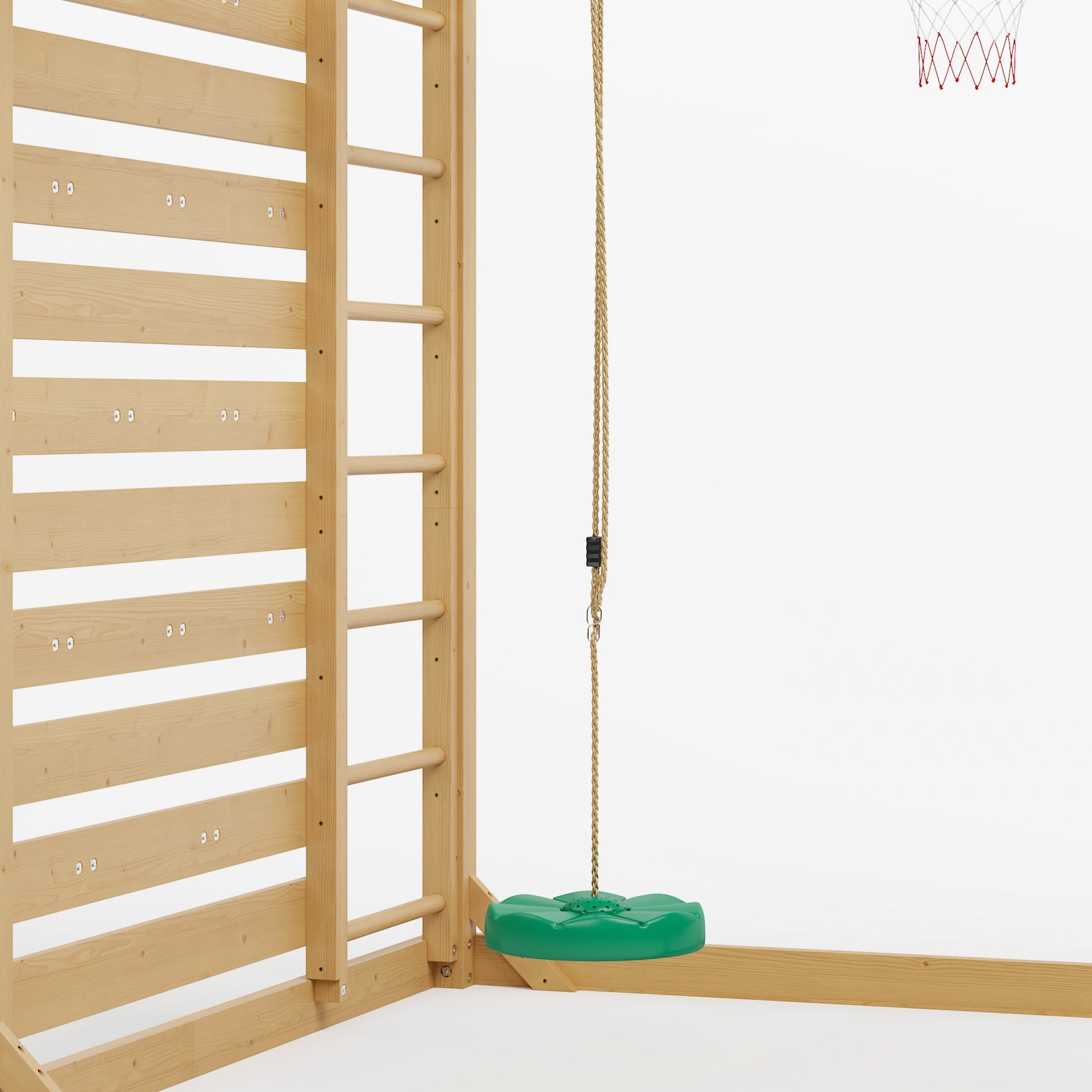 Wooden climbing frame with a green swing on a white background