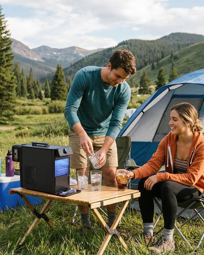 Two people enjoying a picnic by a camper van in a desert setting.