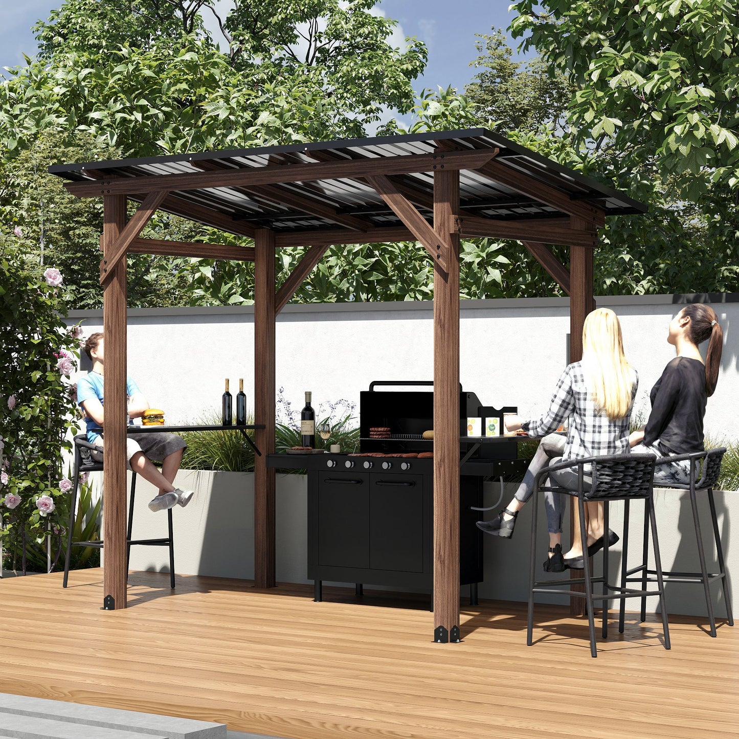 103.4 inch Natural Cedar Grill Gazebo with Hardtop Roof and Side Tables