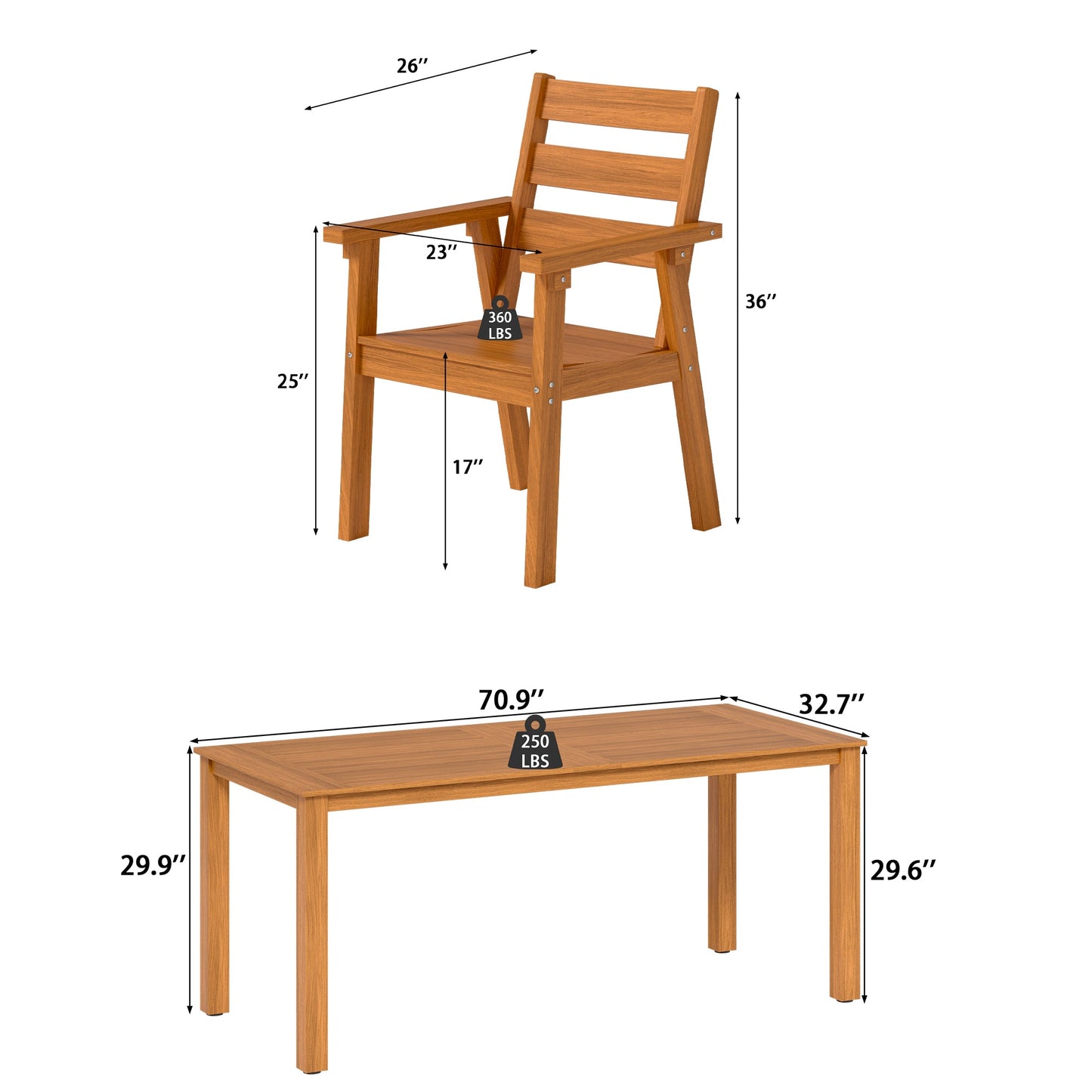 Wood outdoor dining set with rectangular table and matching armchairs