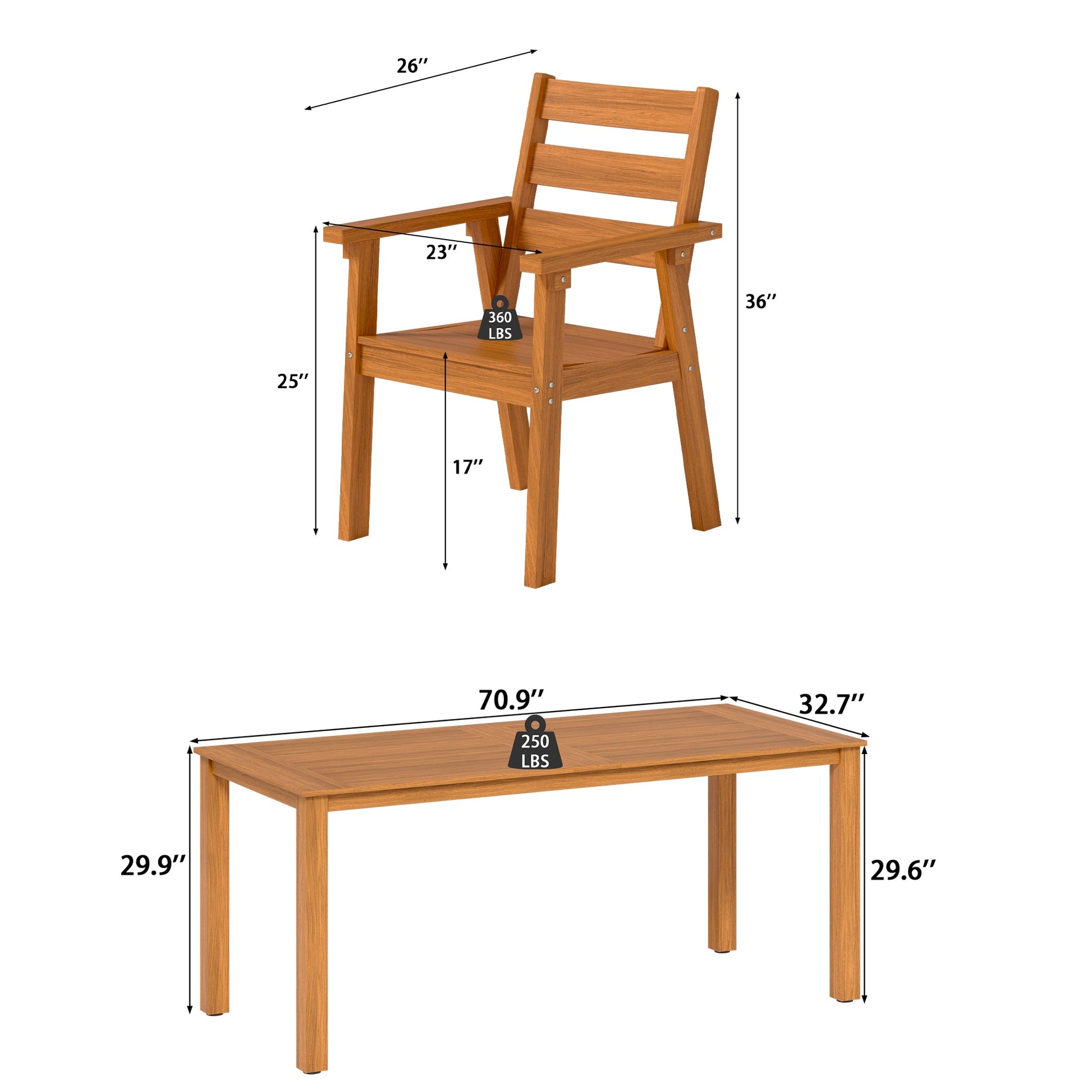 Wood outdoor dining set with rectangular table and matching armchairs