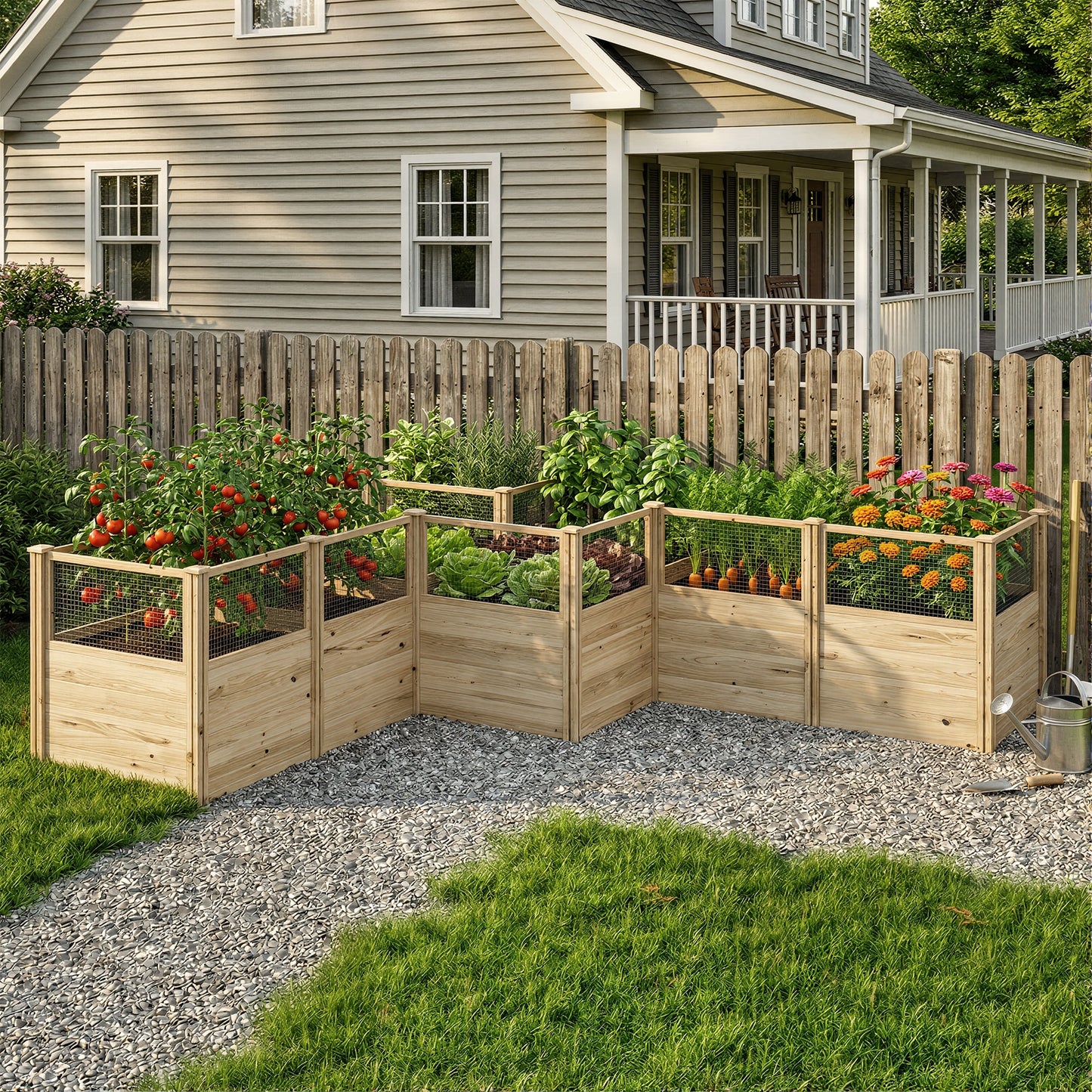 Wooden raised garden beds with plants in front of a house
