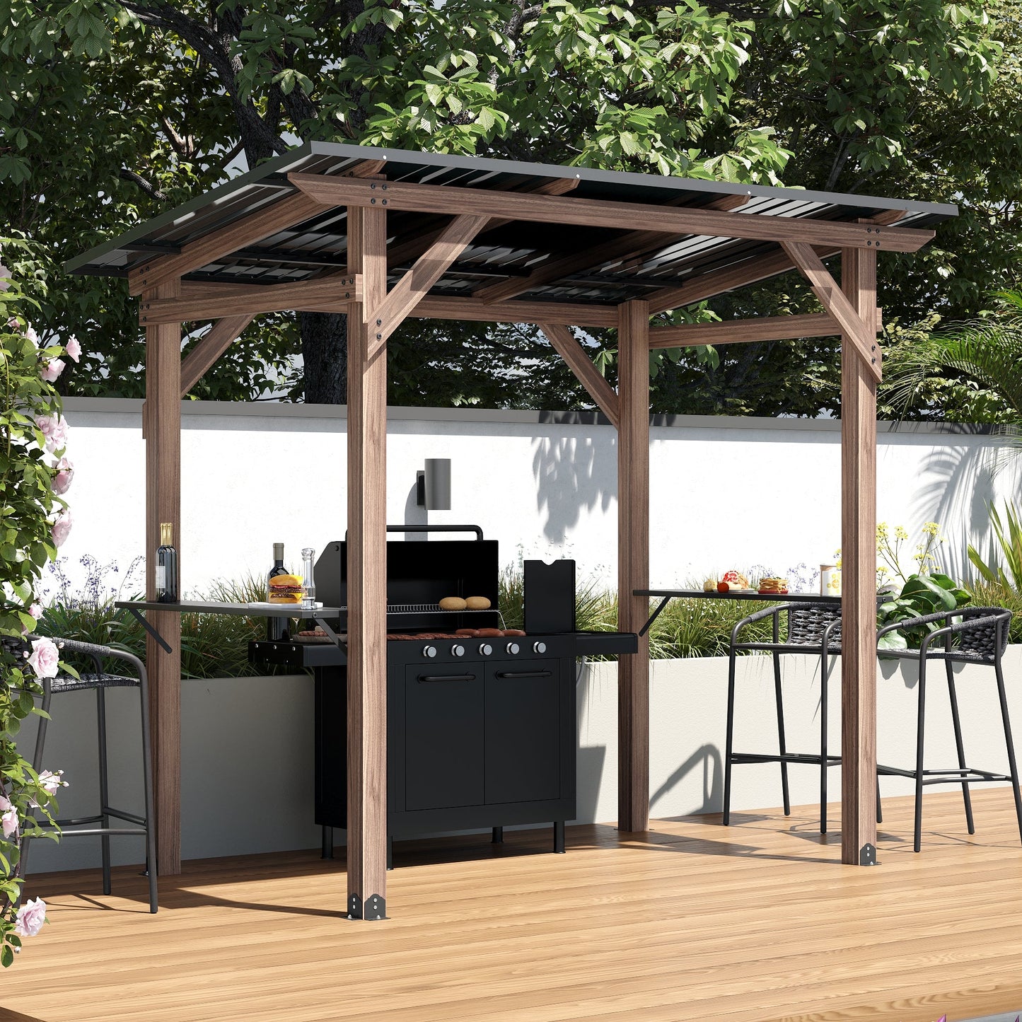 103.4 inch Natural Cedar Grill Gazebo with Hardtop Roof and Side Tables