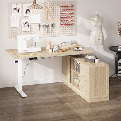 63 inches Modern Minimalist White Standing Desk With 3 Drawers, 2 Exterior Shelves, Electric Lift