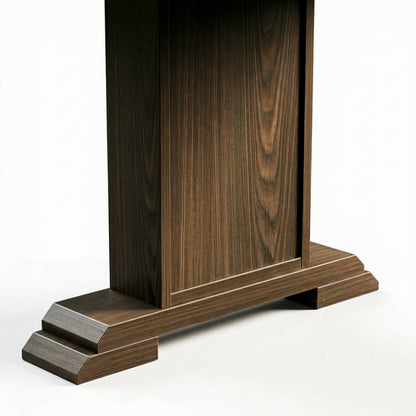 Dark wood standing desk with electric height adjustment and control panel