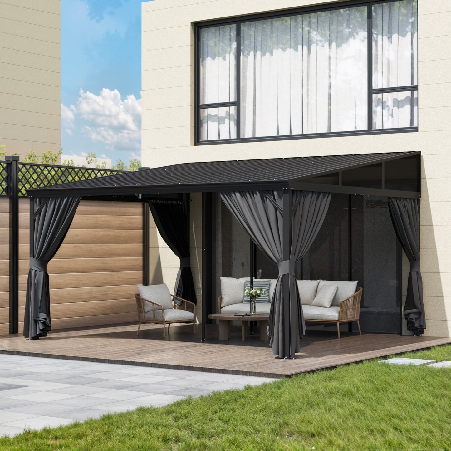 165.7 inch Modern Black Patio Gazebo with Curtains and Mosquito Net
