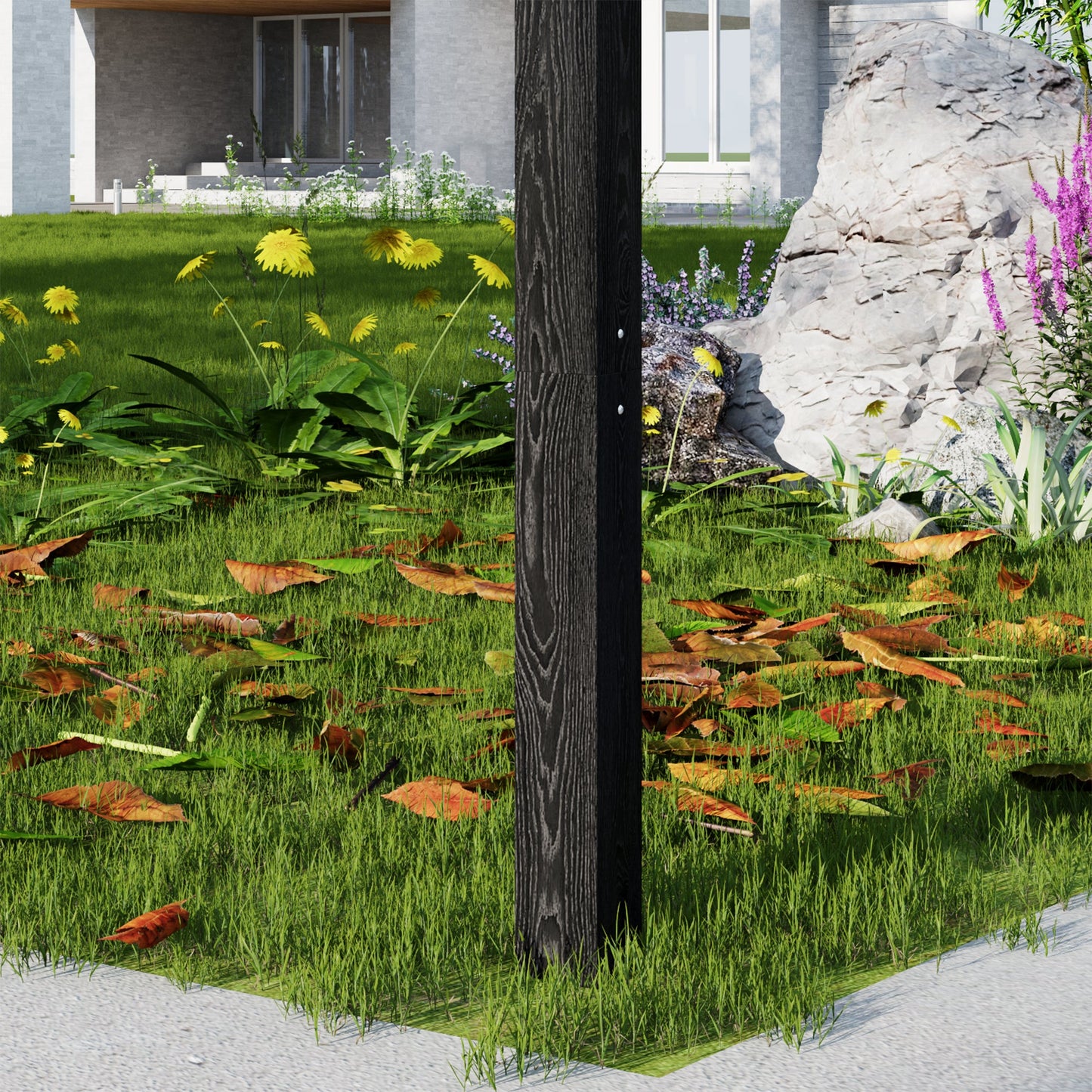 Garden scene with a wooden post, grass, flowers, and rocks