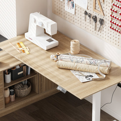 63 inches Modern Minimalist White Standing Desk With 3 Drawers, 2 Exterior Shelves, Electric Lift