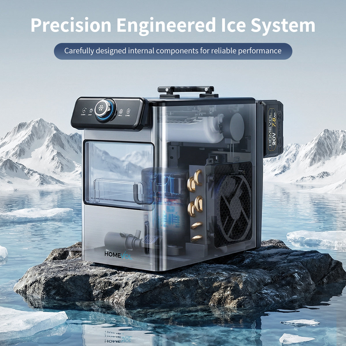 Homevol EVO1 Corded & Battery Powered Ice Maker with Self-Cleaning - Stainless Silver