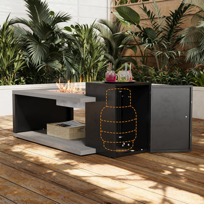 Outdoor fire pit table with drinks on a wooden deck surrounded by plants