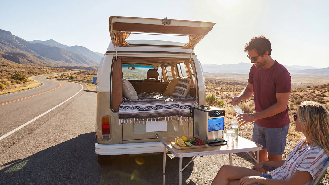 Two people enjoying a picnic by a camper van in a desert setting.