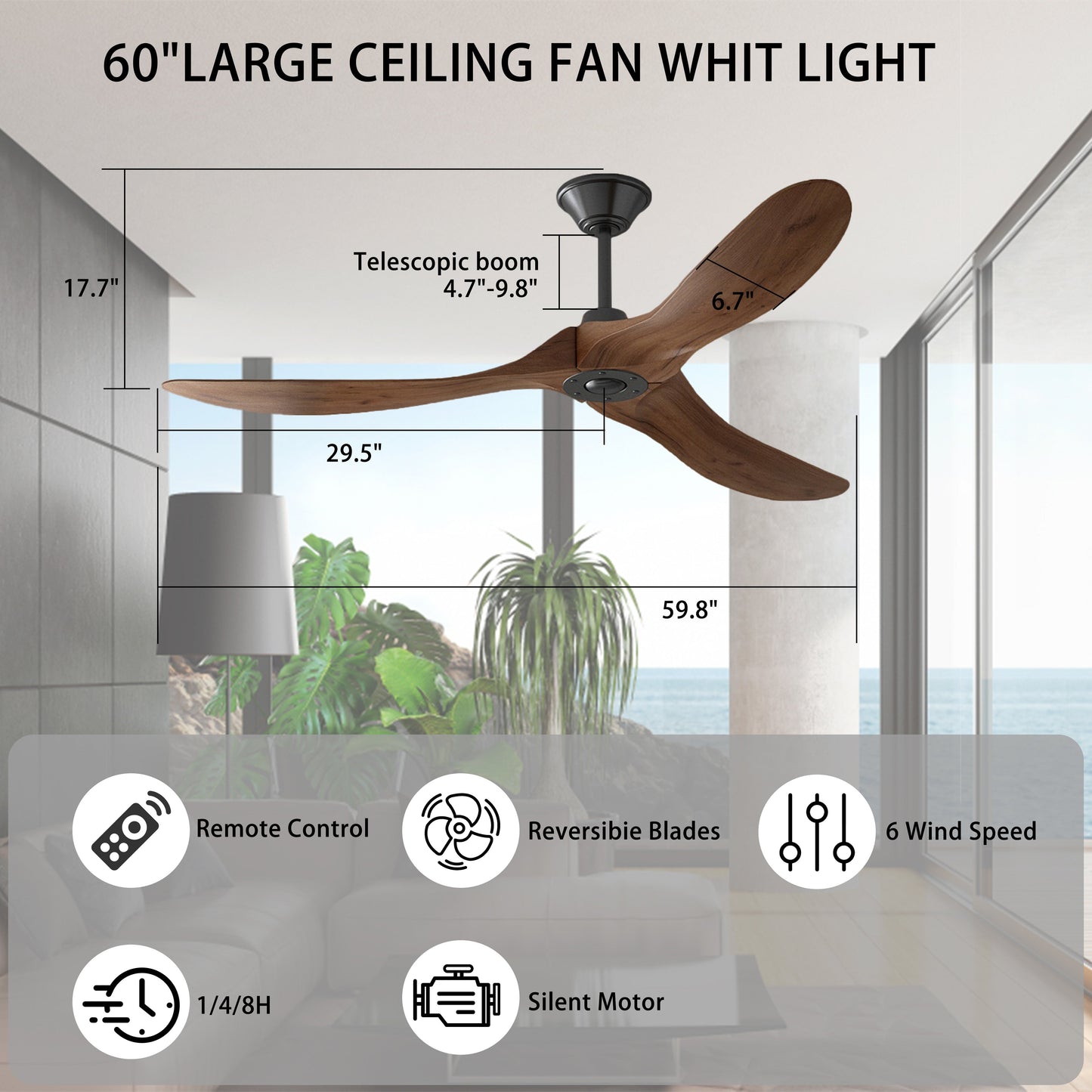 60 inches Modern Simple Brown Ceiling Fan With Wooden Streamline Design