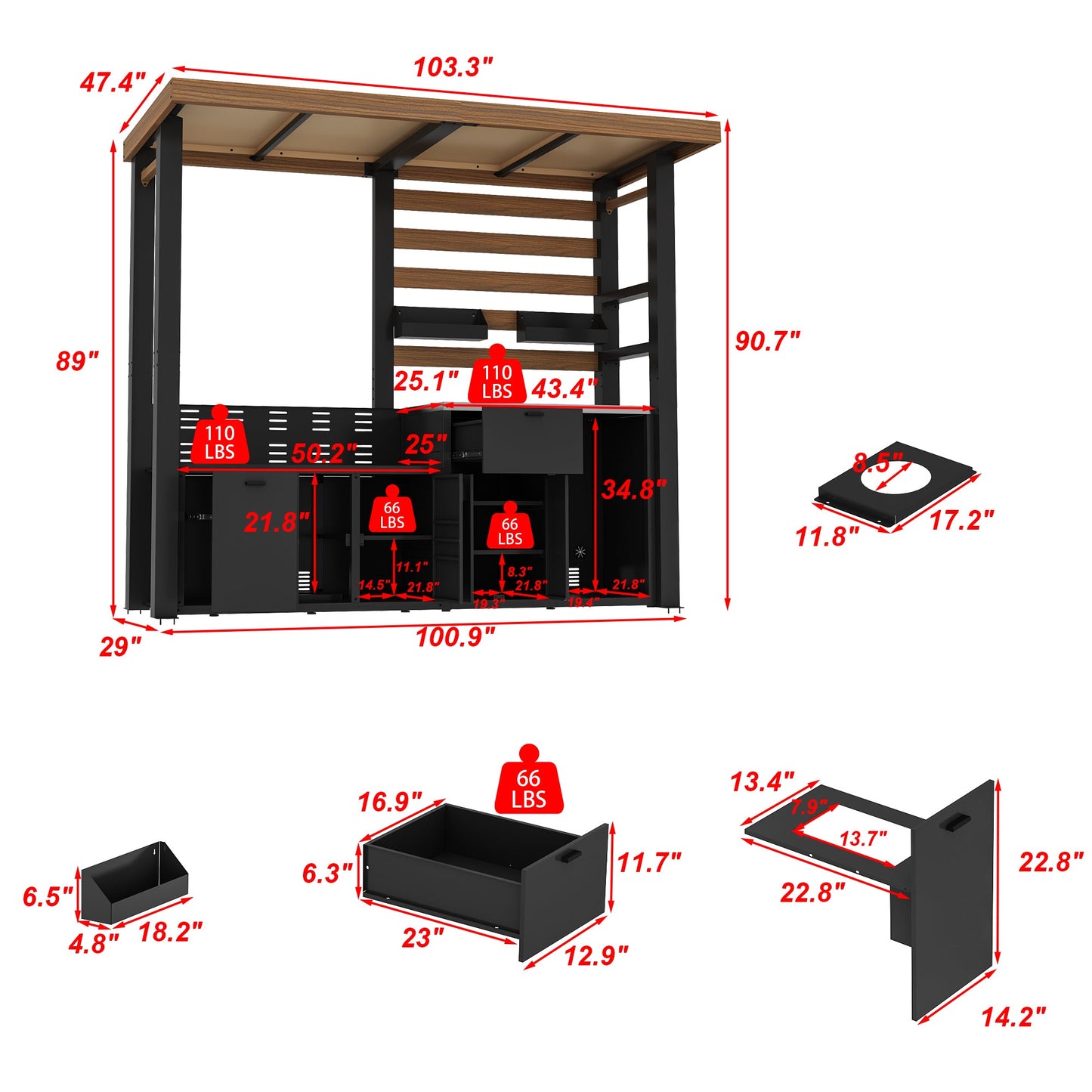 Detailed dimensions of a outdoor kitchen structure with various components.