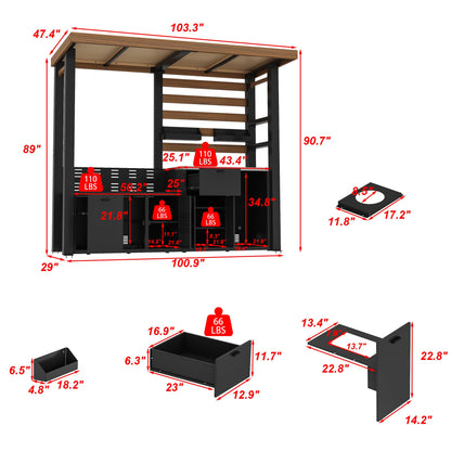 Detailed dimensions of a outdoor kitchen structure with various components.