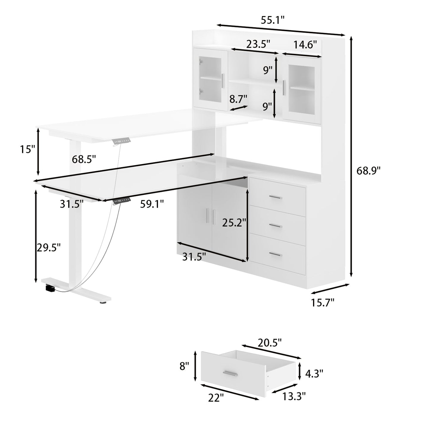 68.5 inches Modern White Standing Desk with Bookcase
