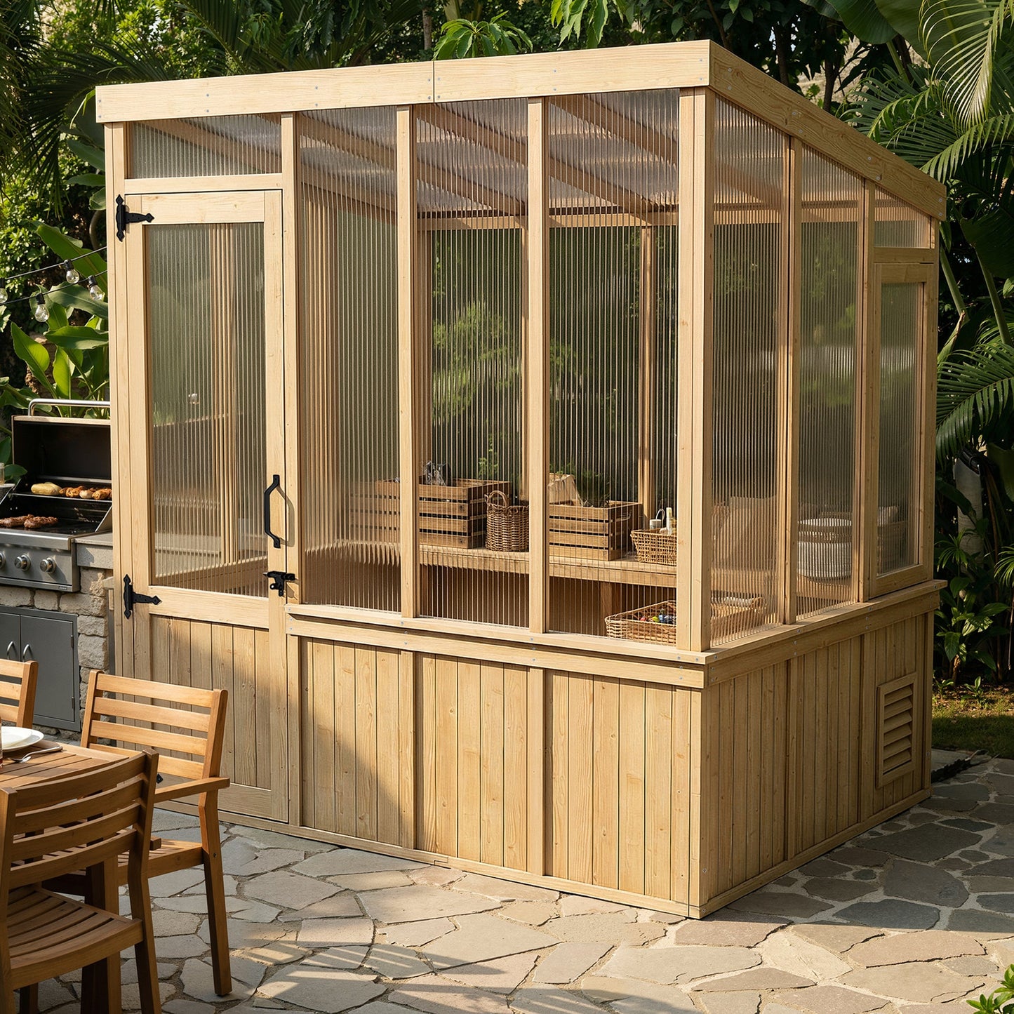 Wooden greenhouse with glass panels on a stone patio, surrounded by outdoor furniture and plants.