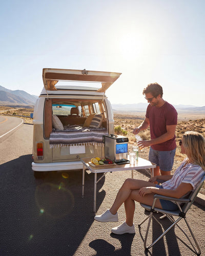 Family by a poolside with a portable ice maker on a table