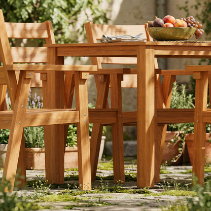 Wood outdoor dining set with rectangular table and matching armchairs