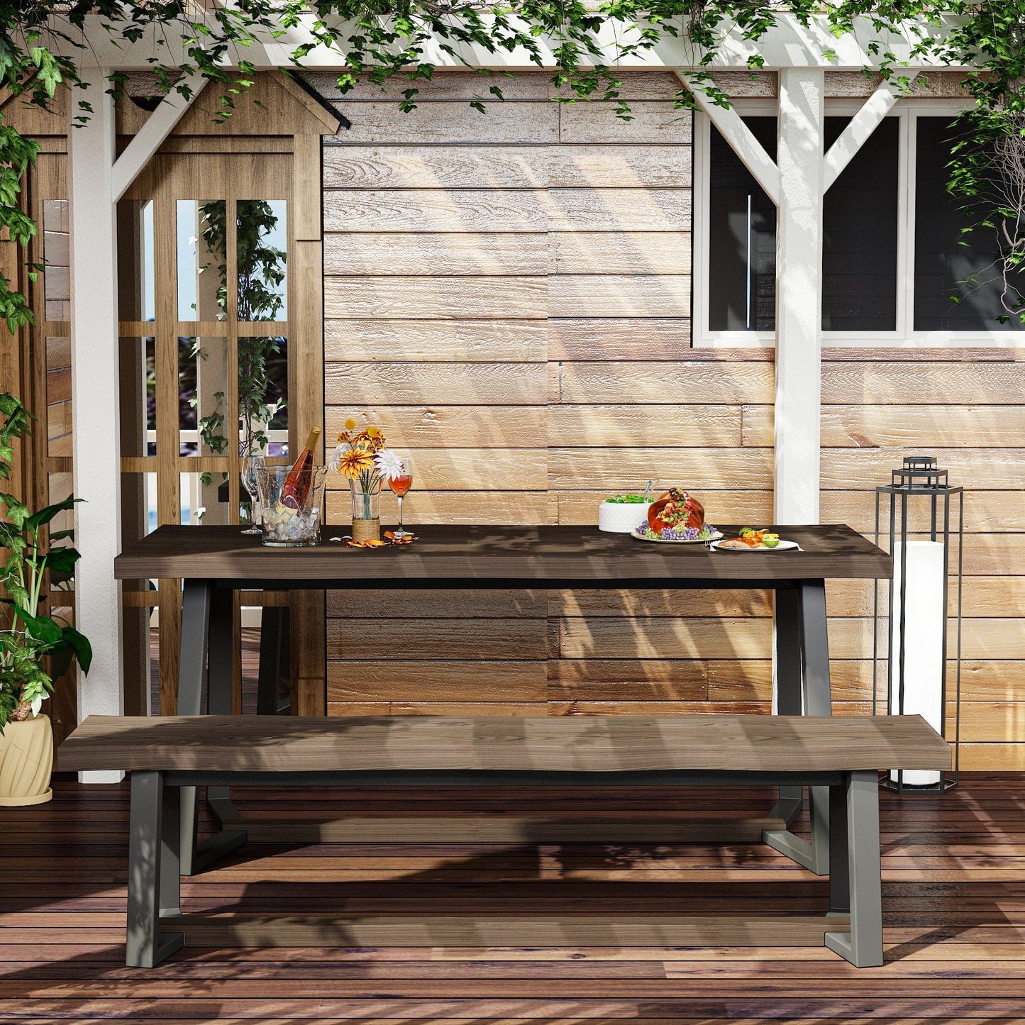 70.9 inch Heavy-Duty Brown Patio Dining Set with Bench
