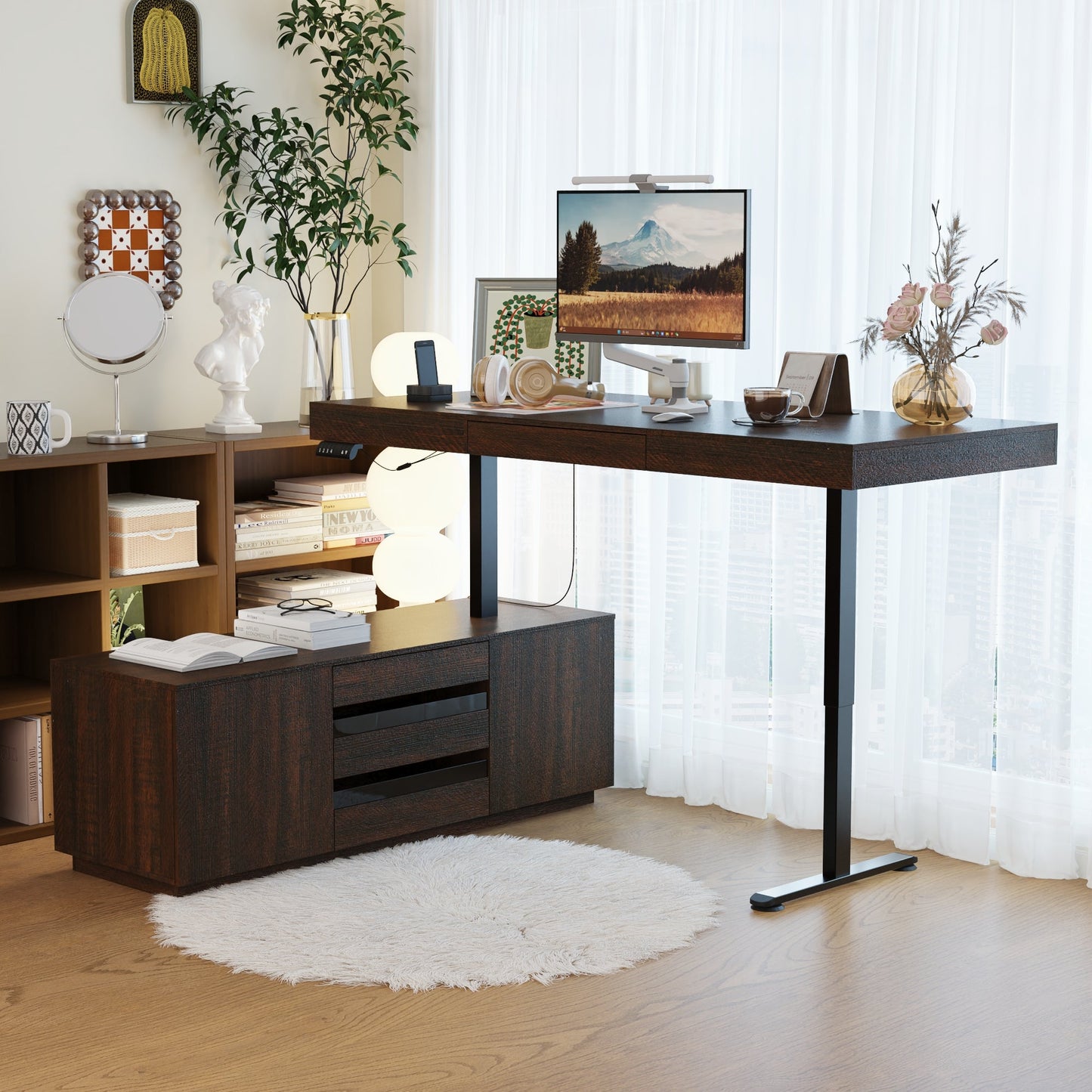 70.9 inches Modern Walnut L-Shaped 3-Drawer Standing Desk with Bookcase