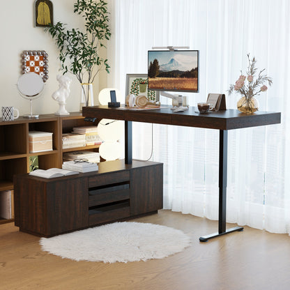 70.9 inches Modern Walnut L-Shaped 3-Drawer Standing Desk with Bookcase