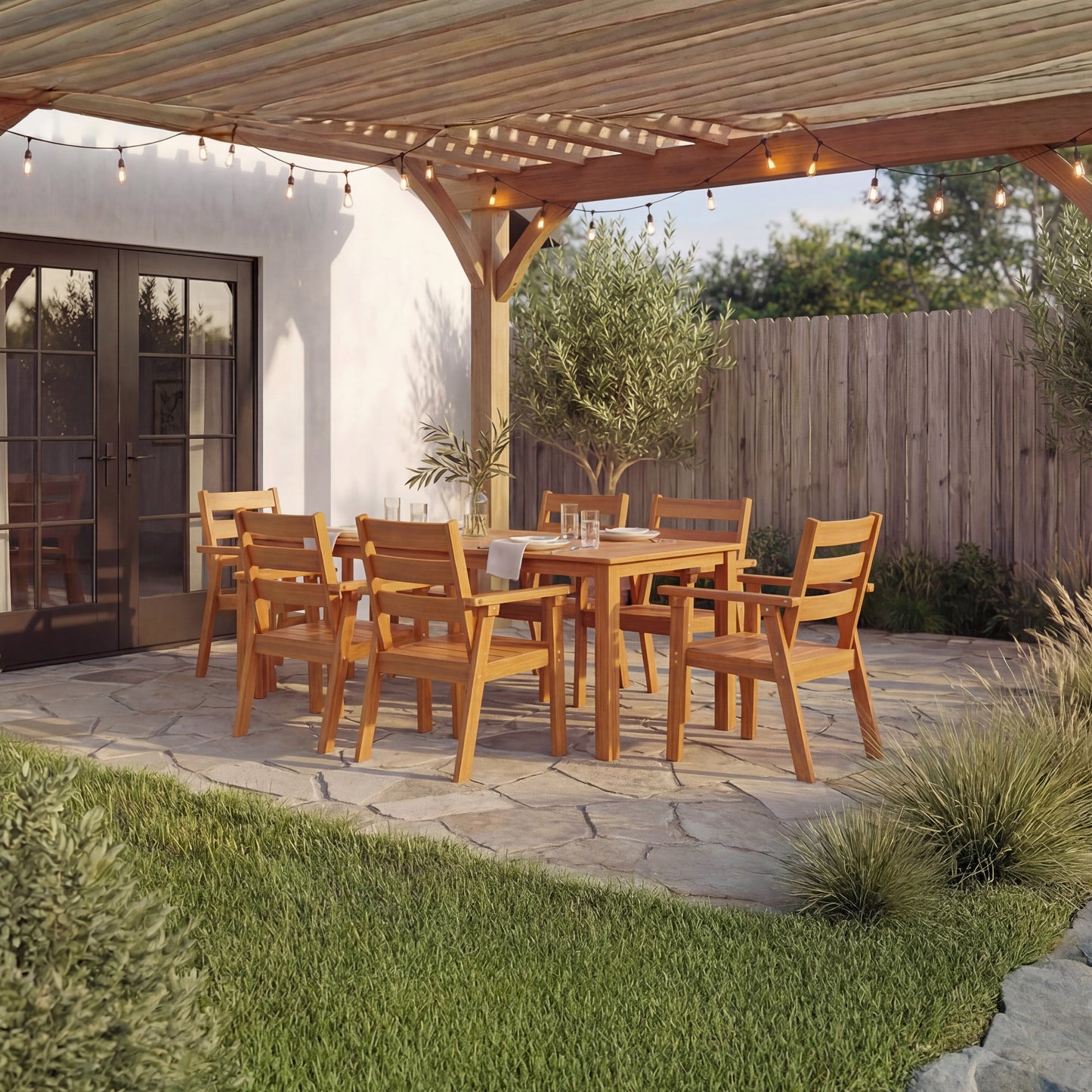 Wooden outdoor dining set under a wooden pergola with string lights