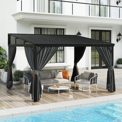 145.4 inch Modern Black Patio Gazebo with Curtains and Mosquito Net