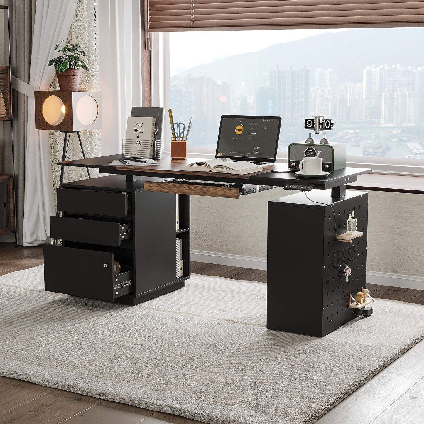 63 inches Modern Black Standing Desk With Electric Height Adjustment and Pegboard Organizer