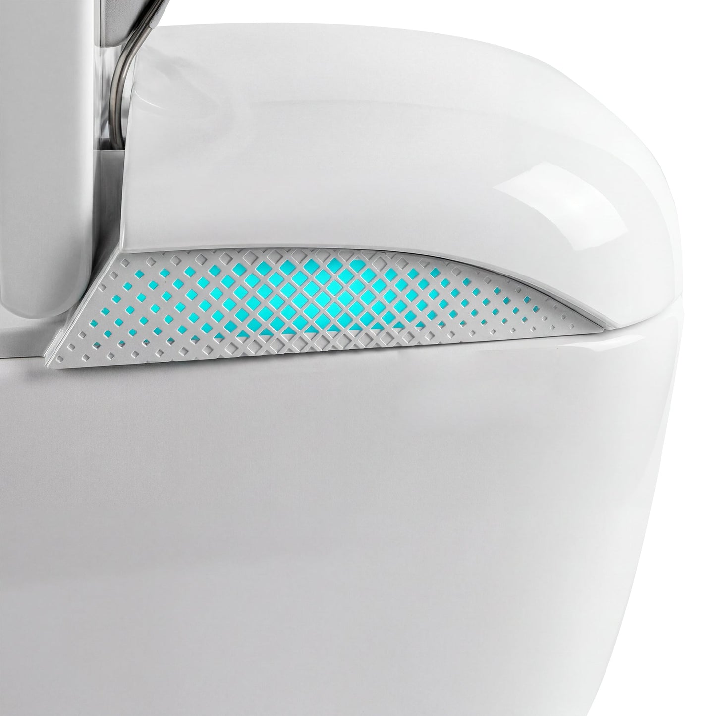 White smart toilet with automatic lid opening, foot kick flush, and foot kick seat opening