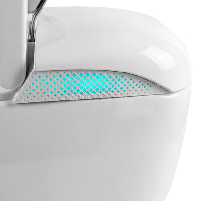 White smart toilet with automatic lid opening, foot kick flush, and foot kick seat opening