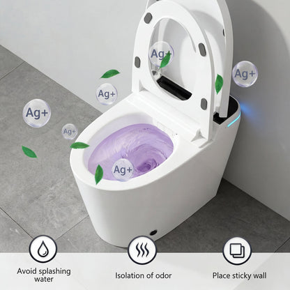 White smart toilet with compact one-piece design and side control knob
