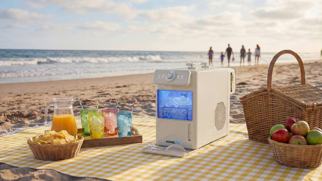 Portable ice maker on a beach with drinks and snacks