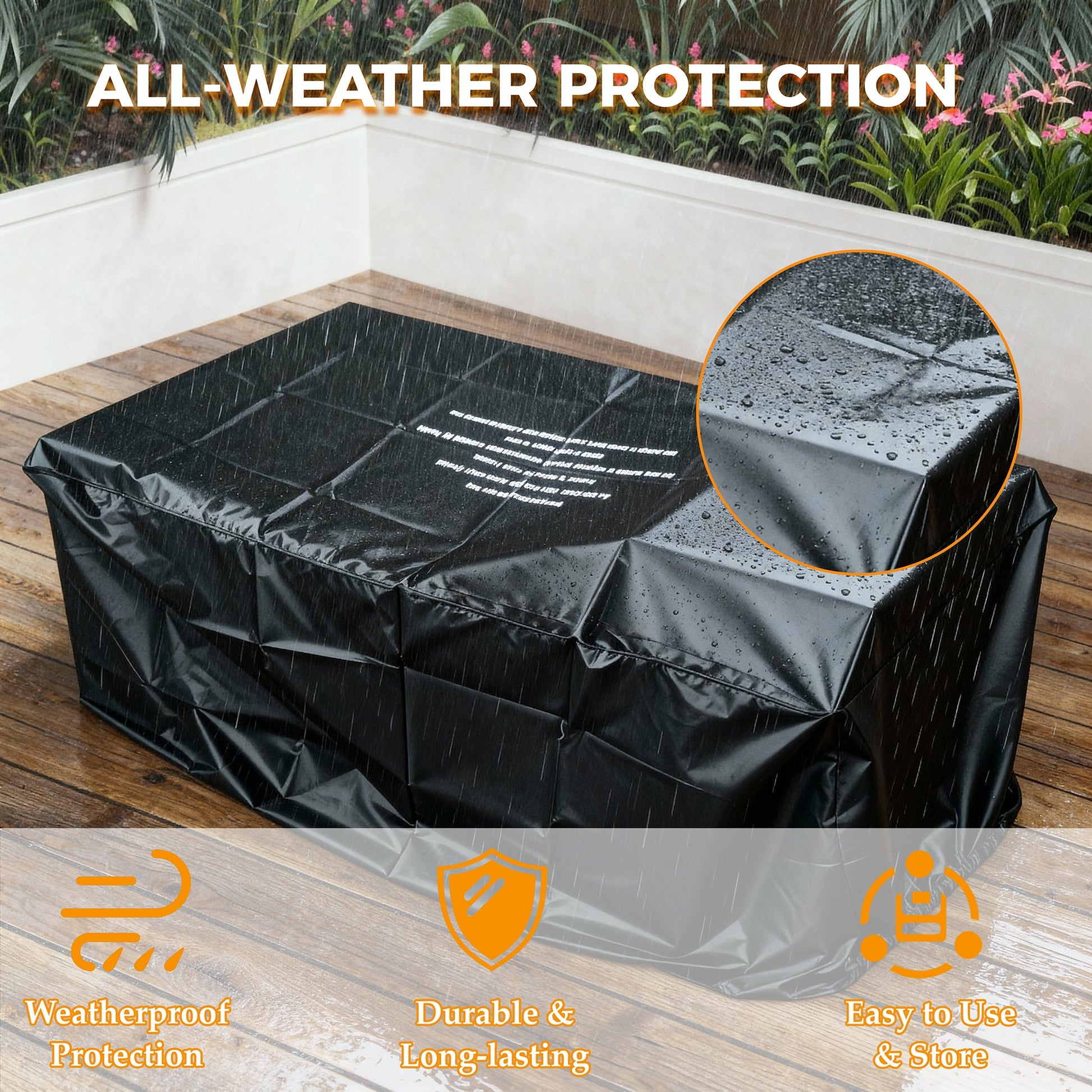 Black all-weather protection cover for outdoor furniture with raindrop detail and text highlighting features.