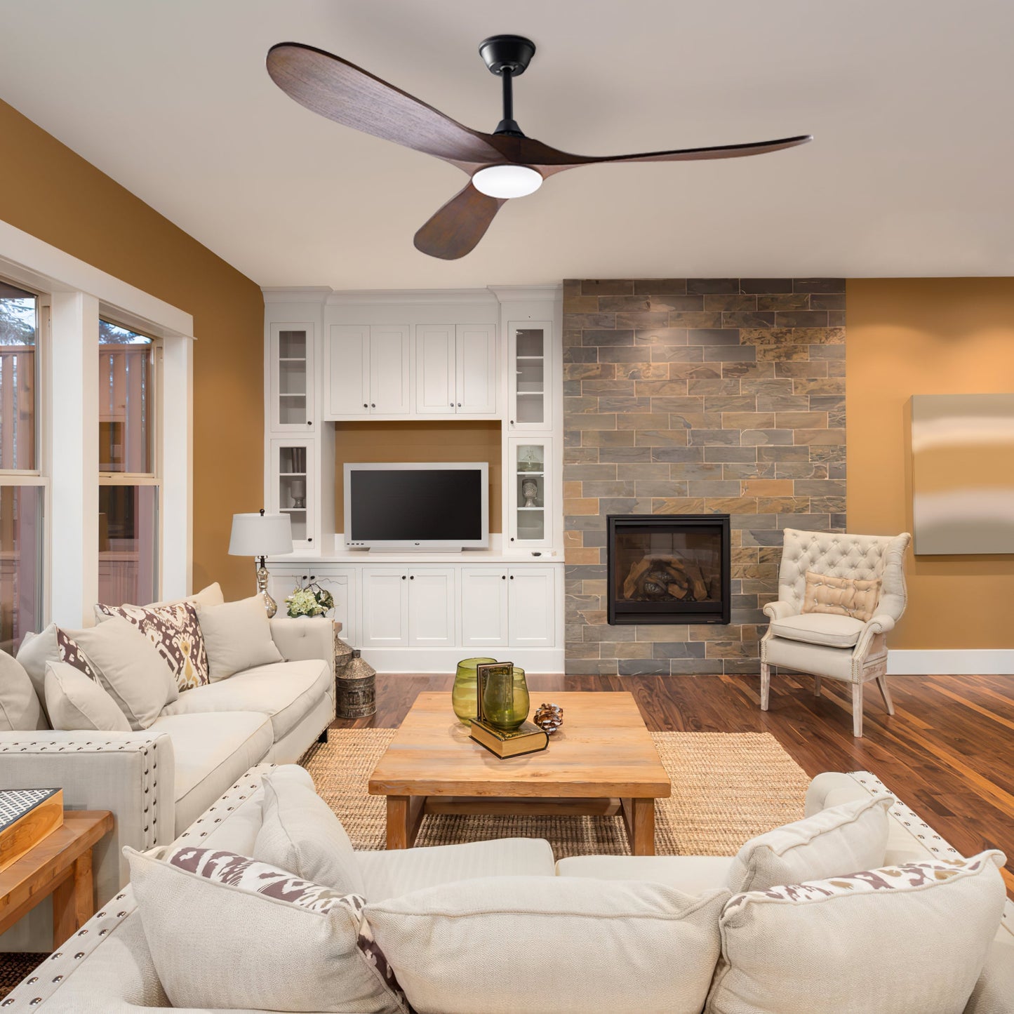 59.8 inches Modern Minimalist Ceiling Fan with Lights, Remote Control, 3 Reversible Wood Blades and 2 Down Rods