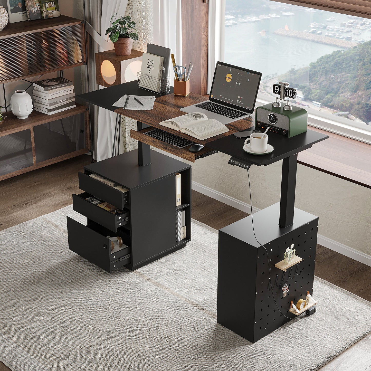 63 inches Modern Black Standing Desk With Electric Height Adjustment and Pegboard Organizer