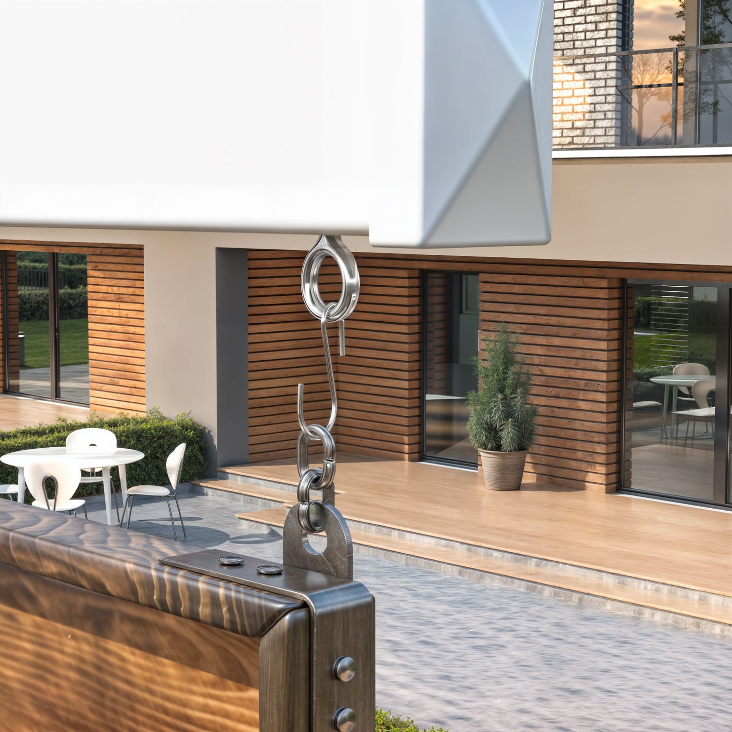 Modern house exterior with wooden facade and outdoor furniture