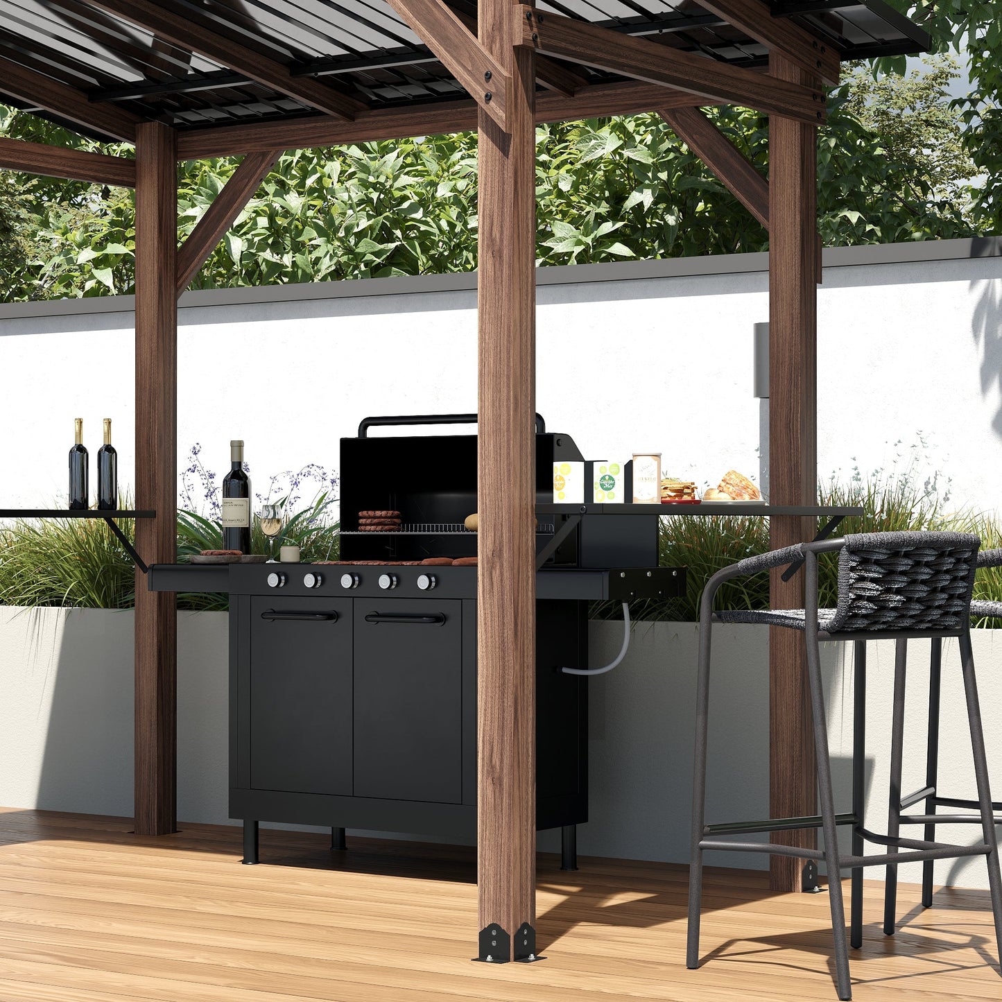 103.4 inch Natural Cedar Grill Gazebo with Hardtop Roof and Side Tables
