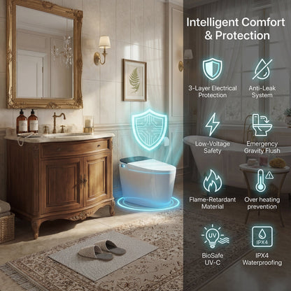 White smart toilet with compact one-piece design and side control knob