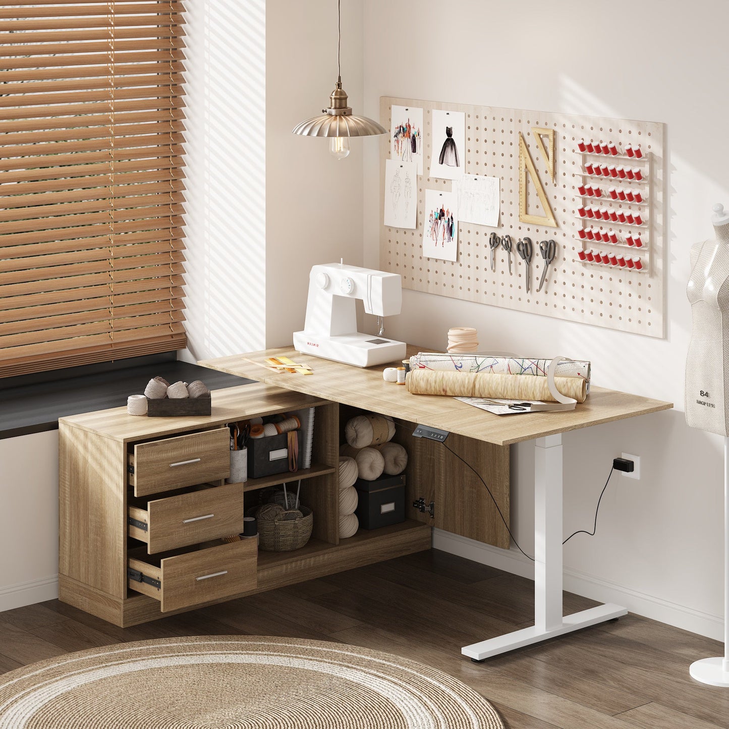 63 inches Modern Minimalist White Standing Desk With 3 Drawers, 2 Exterior Shelves, Electric Lift