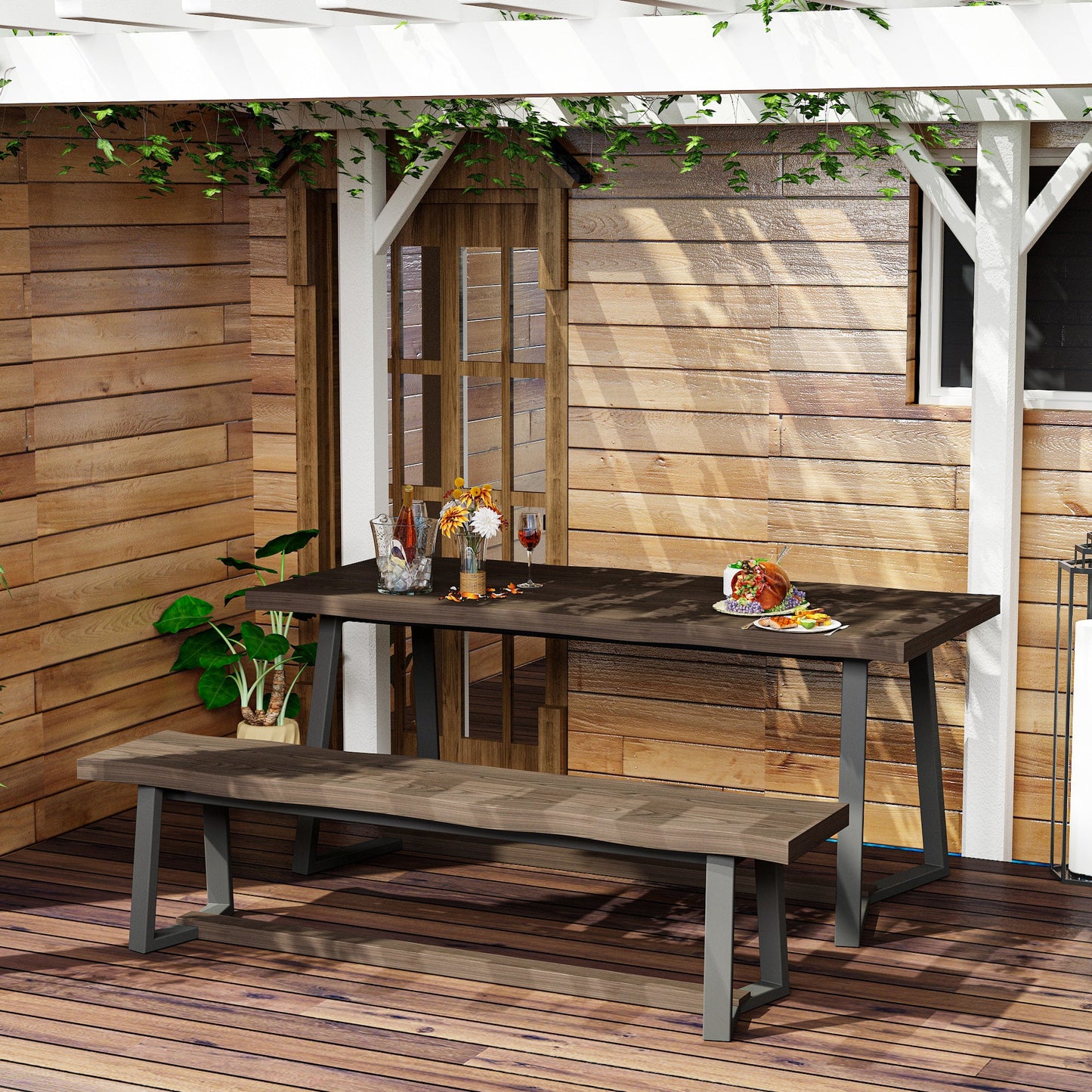 70.9 inch Heavy-Duty Brown Patio Dining Set with Bench