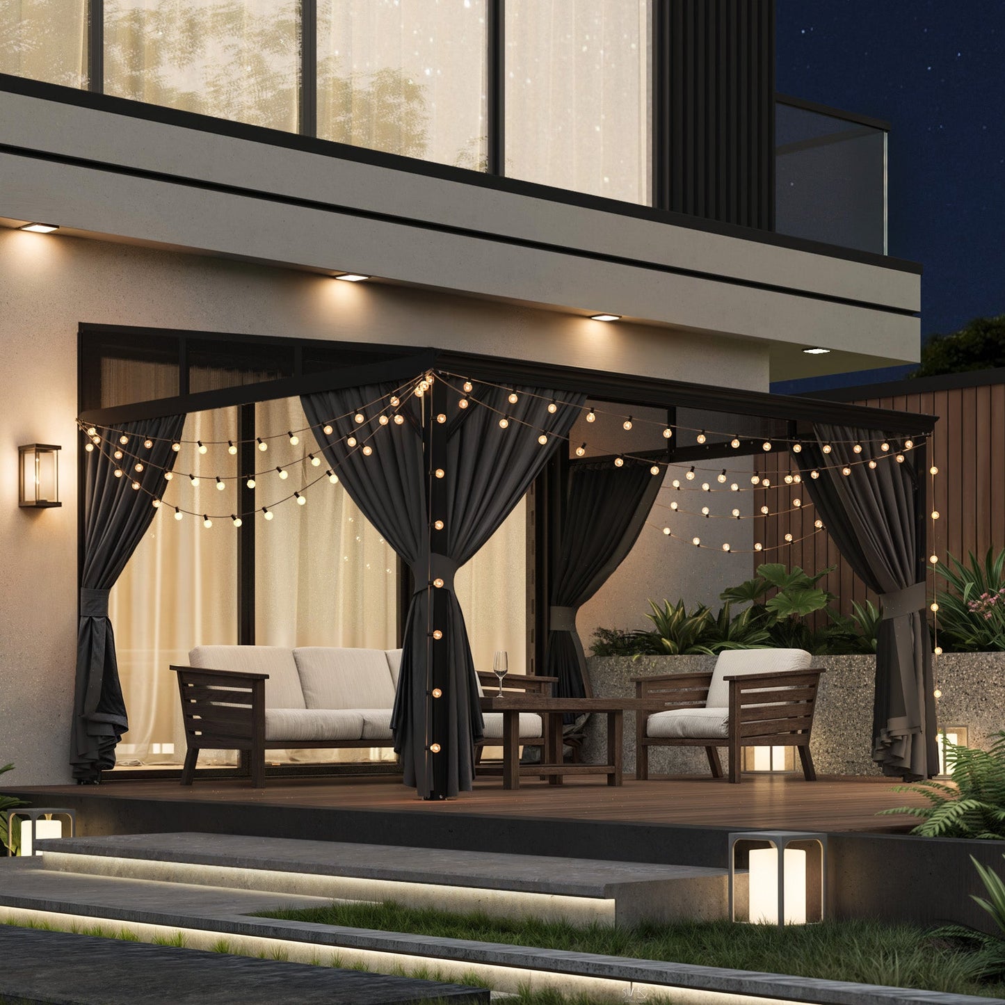 145.4 inch Modern Black Patio Gazebo with Curtains and Mosquito Net