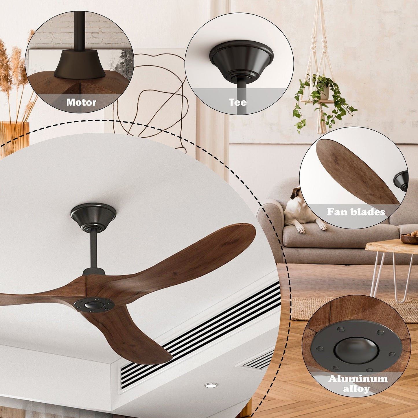 60 inches Modern Simple Brown Ceiling Fan With Wooden Streamline Design