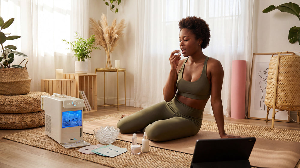 Woman in green athletic wear sitting on a yoga mat in a bright living room with a laptop and various items.