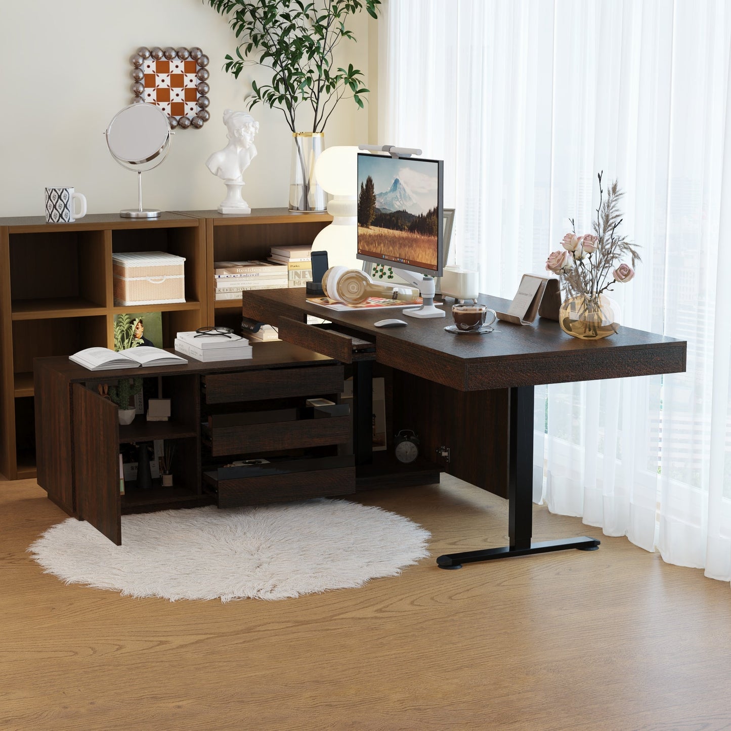 70.9 inches Modern Walnut L-Shaped 3-Drawer Standing Desk with Bookcase