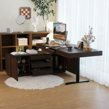 70.9 inches Modern Walnut L-Shaped 3-Drawer Standing Desk with Bookcase