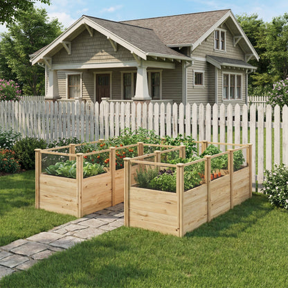 Wooden raised garden beds in front of a house with a white picket fence