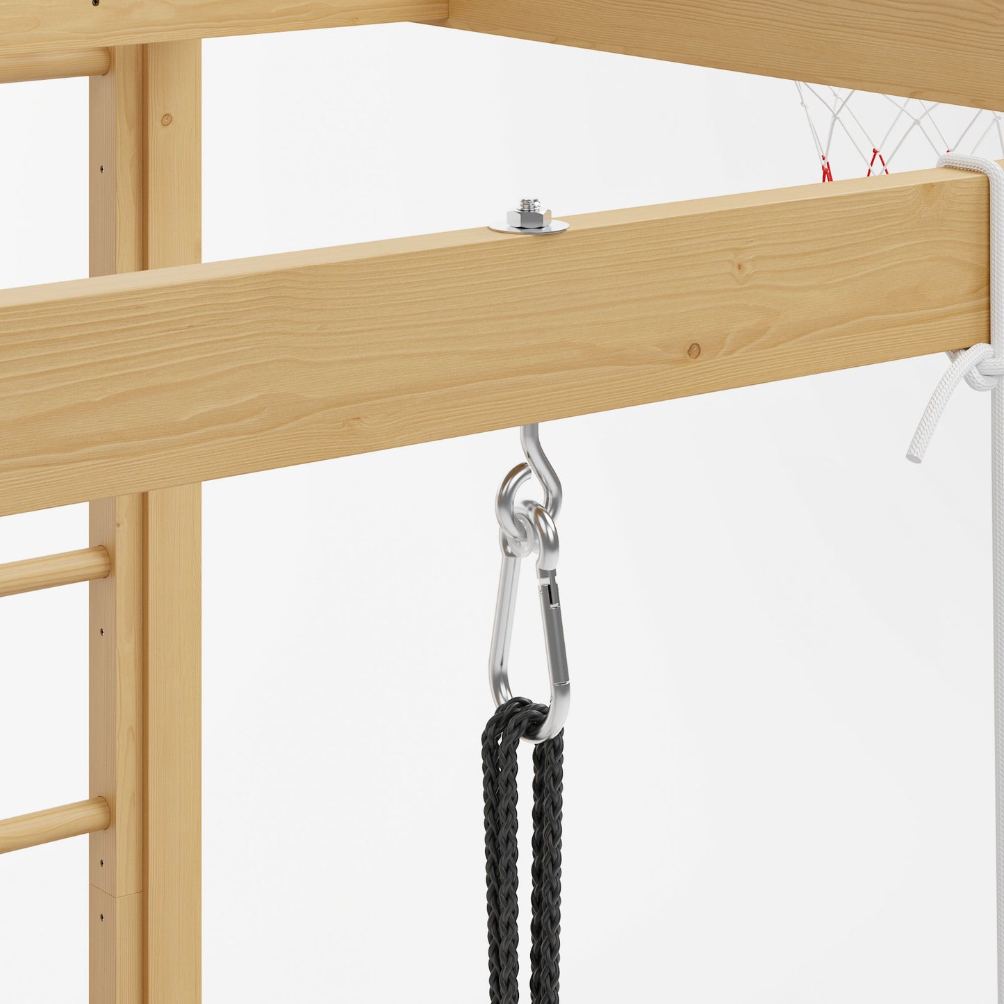 Wooden play structure with a swing attached, on a white background