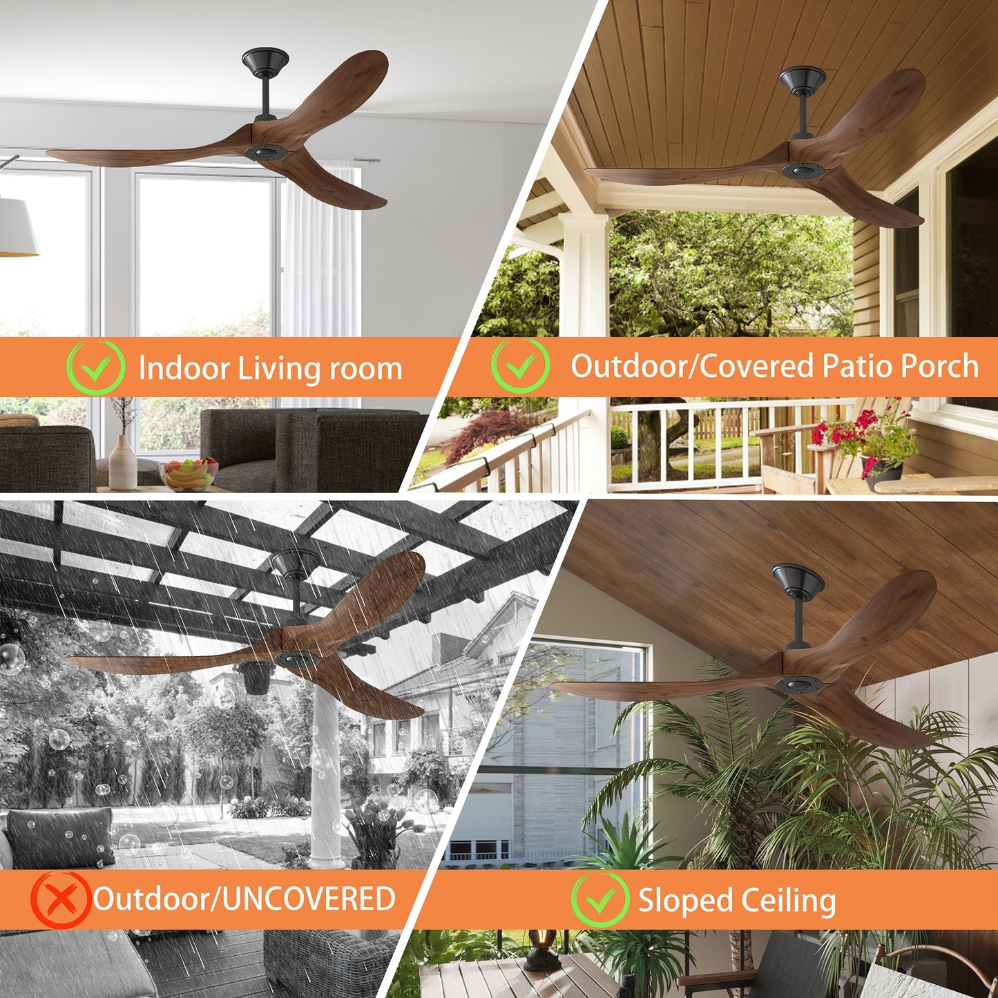 60 inches Modern Simple Brown Ceiling Fan With Wooden Streamline Design