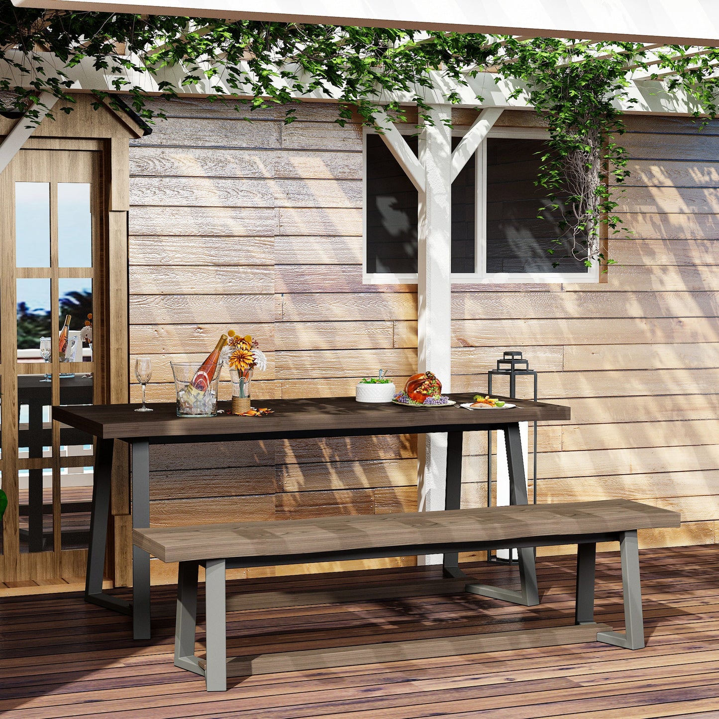 70.9 inch Heavy-Duty Brown Patio Dining Set with Bench
